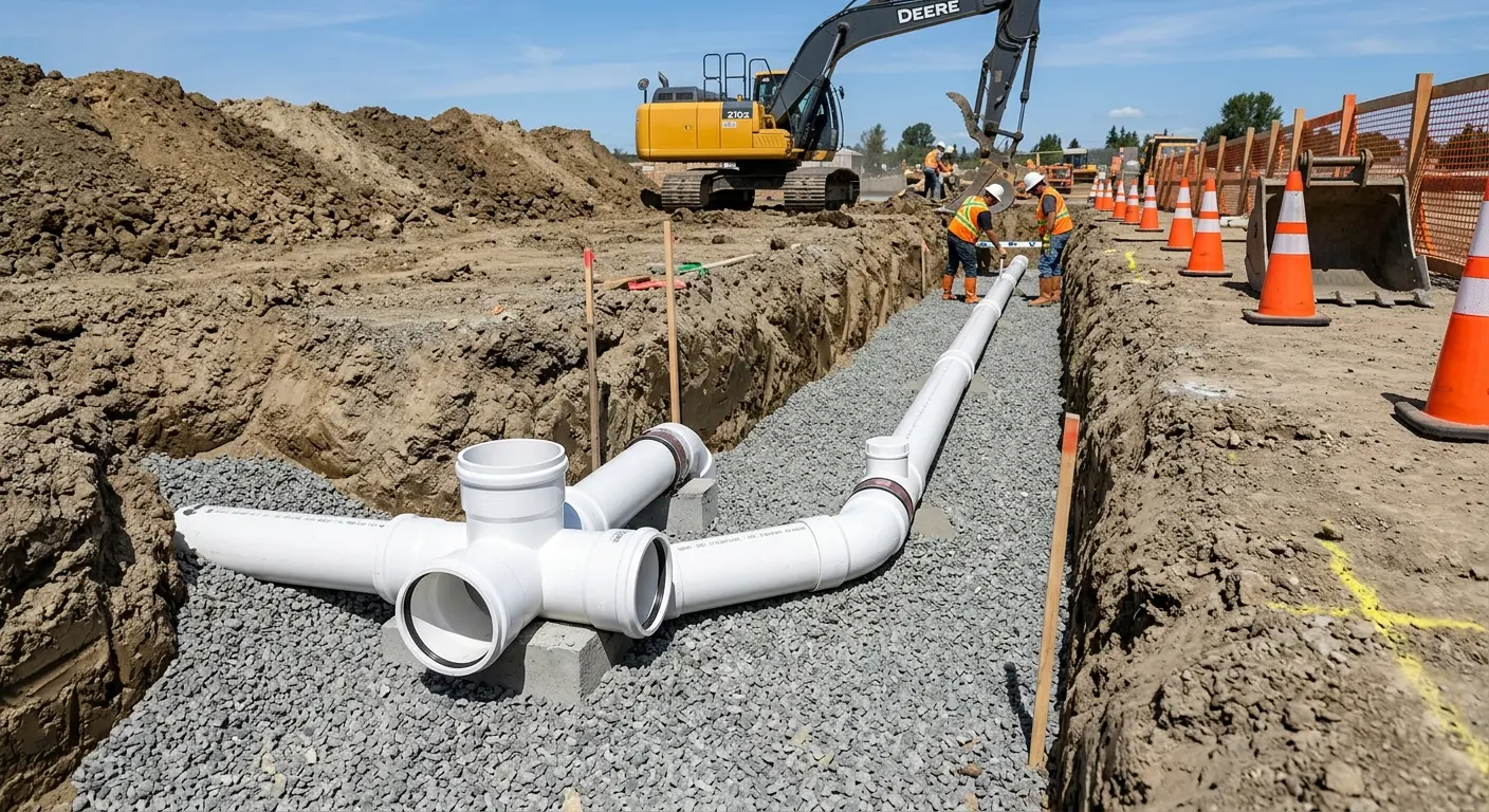 New PVC sewer pipe installation in open trench for Sewer Backup in East Bay
