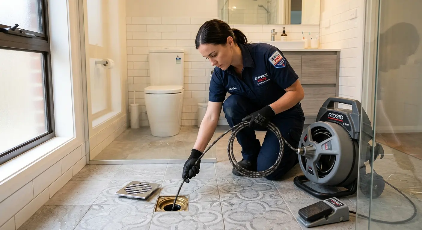 Technician clearing a bathroom floor drain for Sewer Line Replacement in East Bay